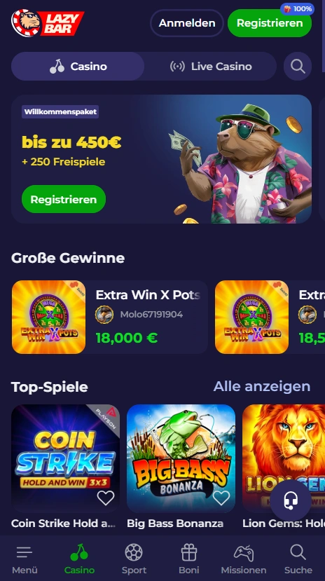 LazyBar Casino Mobile Website