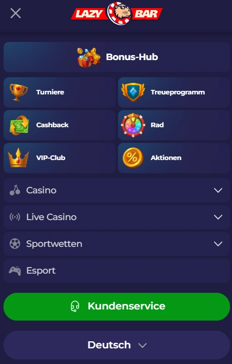 LazyBar Casino Mobiles Menu